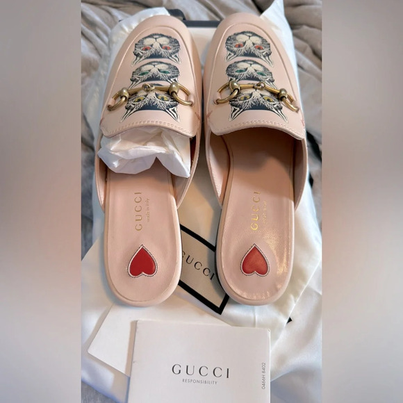 NIB Gucci Pink Leather Mystic Cat Princetown Mules Flats Size 37 - Picture 6 of 12
